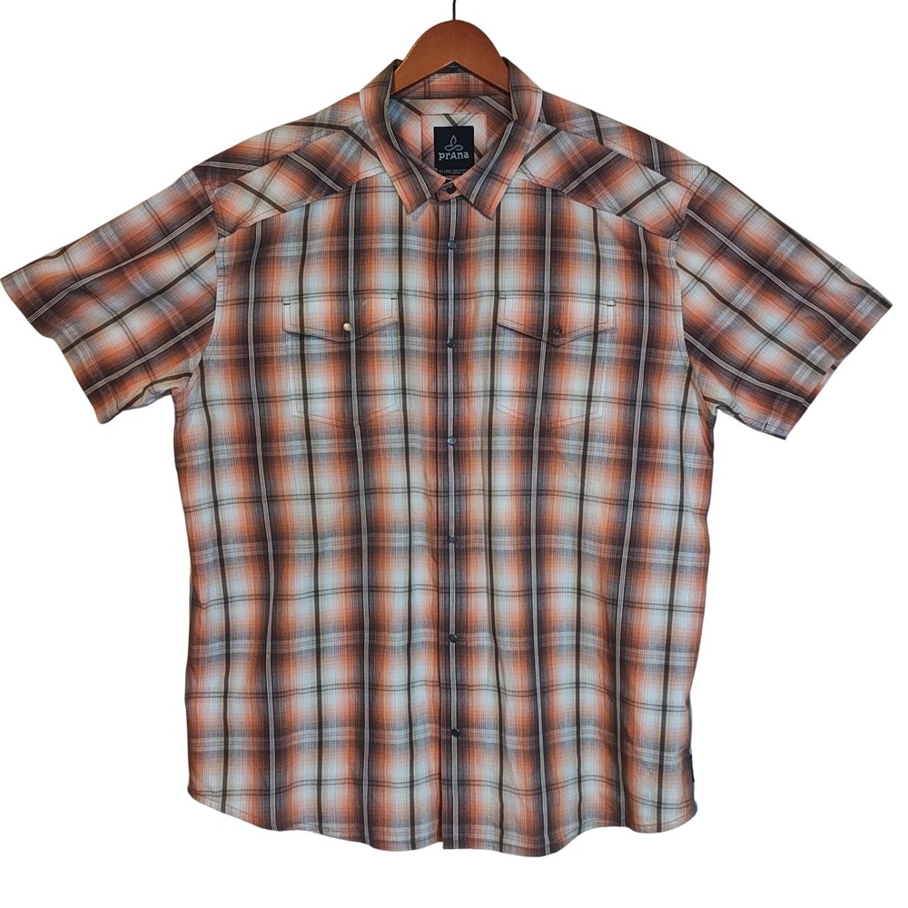 prAna Plaid Button Down Shirt Mens XXL‎ Orange Brown Organic Cotton M1HOLS115